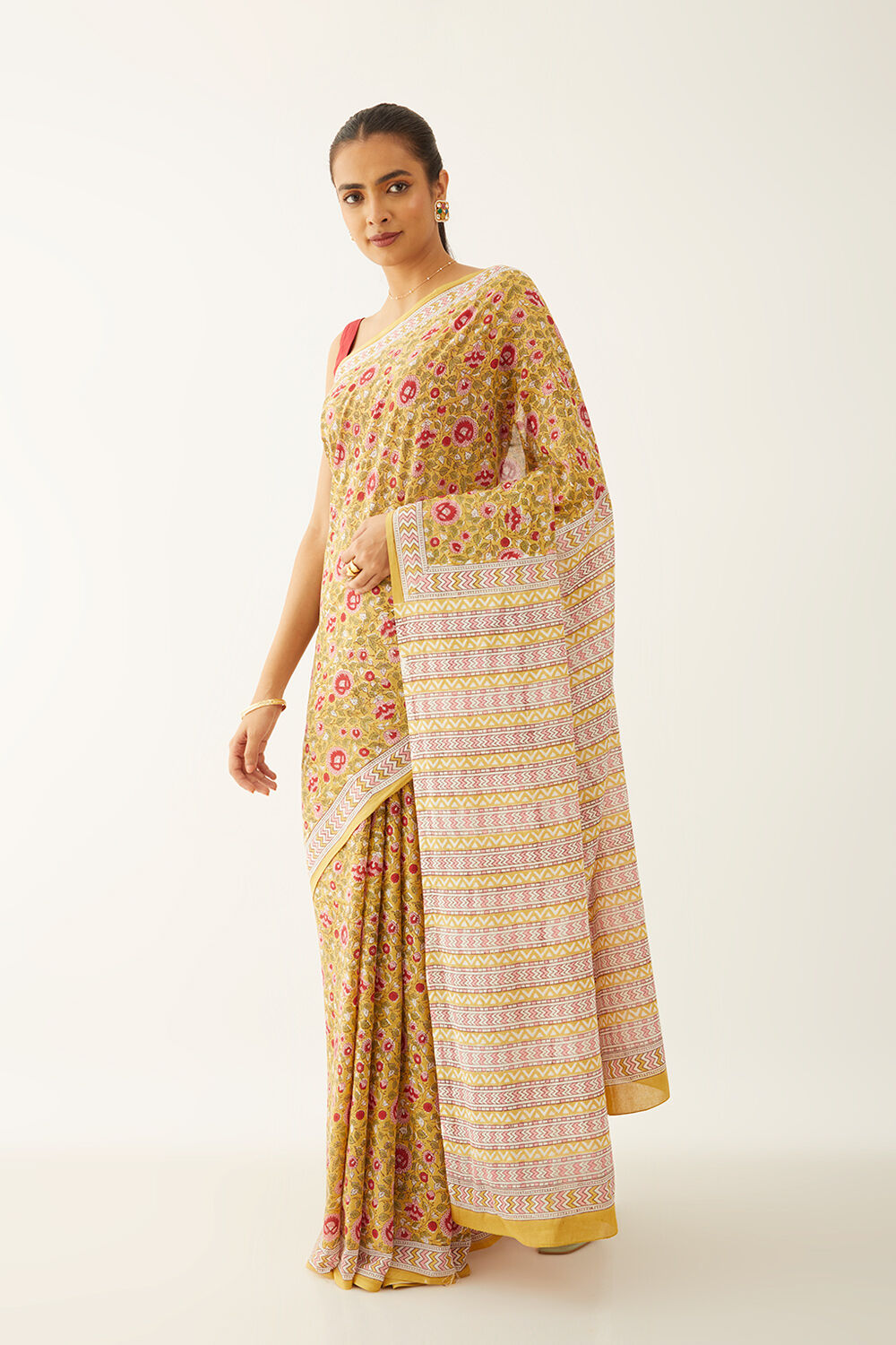 Yellow Pure Cotton Block Print Saree image number null