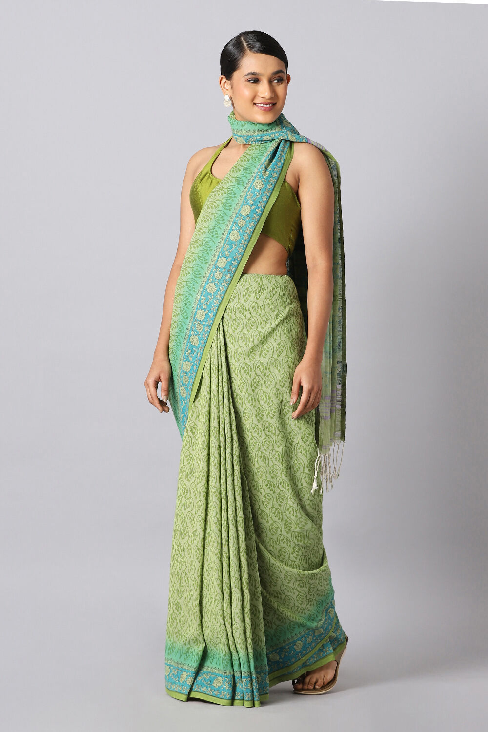 Green Pure Cotton Printed Saree image number null