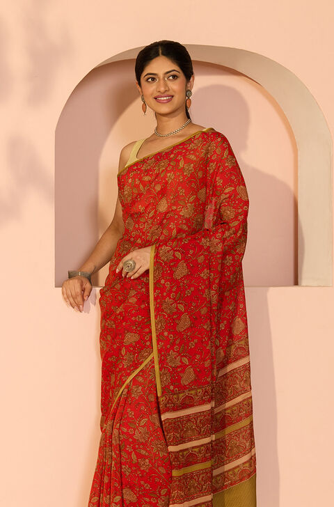 Red Screen Printed Viscose Crepe Saree