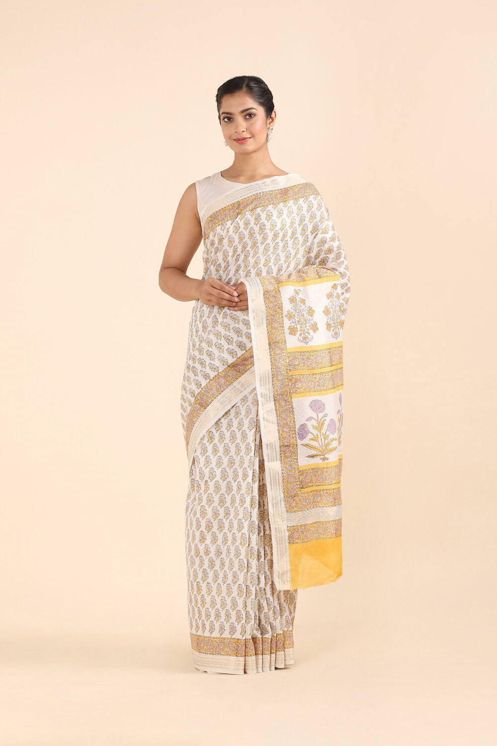 Off White Pure Silk Cotton Sanganeri Printed Saree image number null