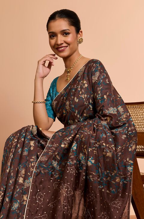 Brown Pure Silk Cotton Embroidered Saree