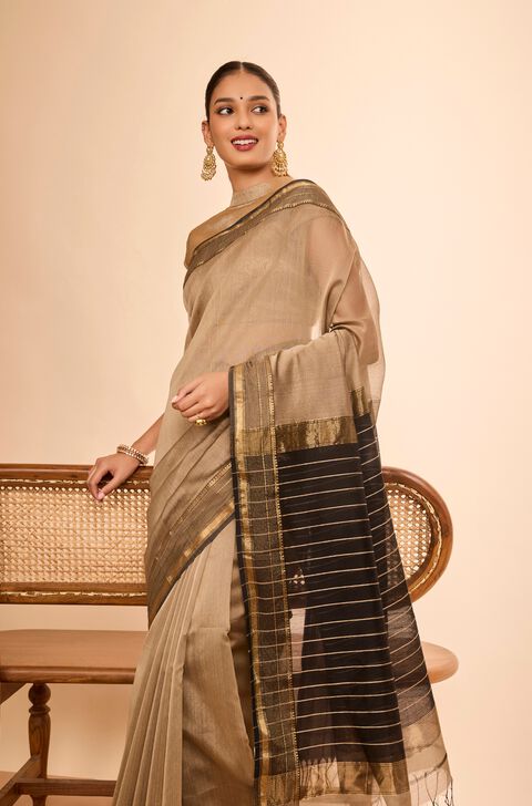 Beige Woven Pure Silk Cotton Maheshwari Saree
