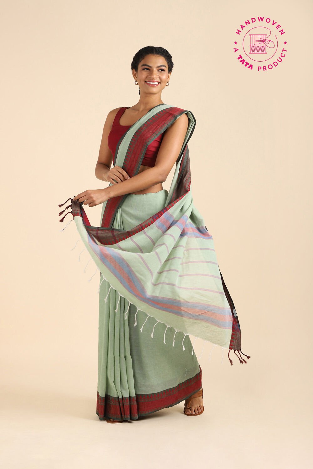 Light Pure Green Cotton Bengal Saree image number null