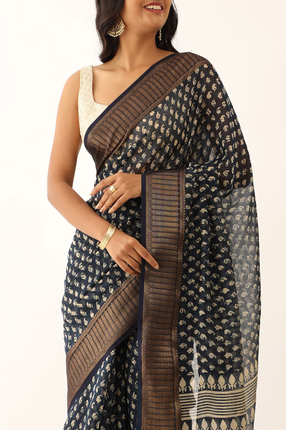 Dark Blue Pure Silk Cotton Block Printed Saree image number null