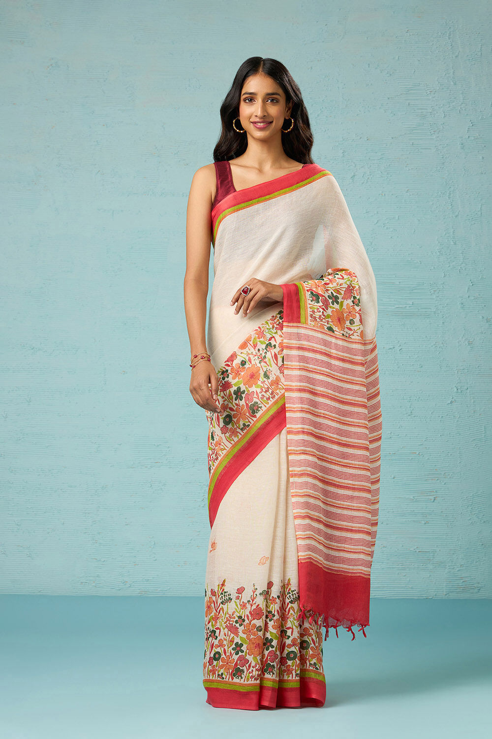 Off White Screen Printed Pure Linen Saree image number null