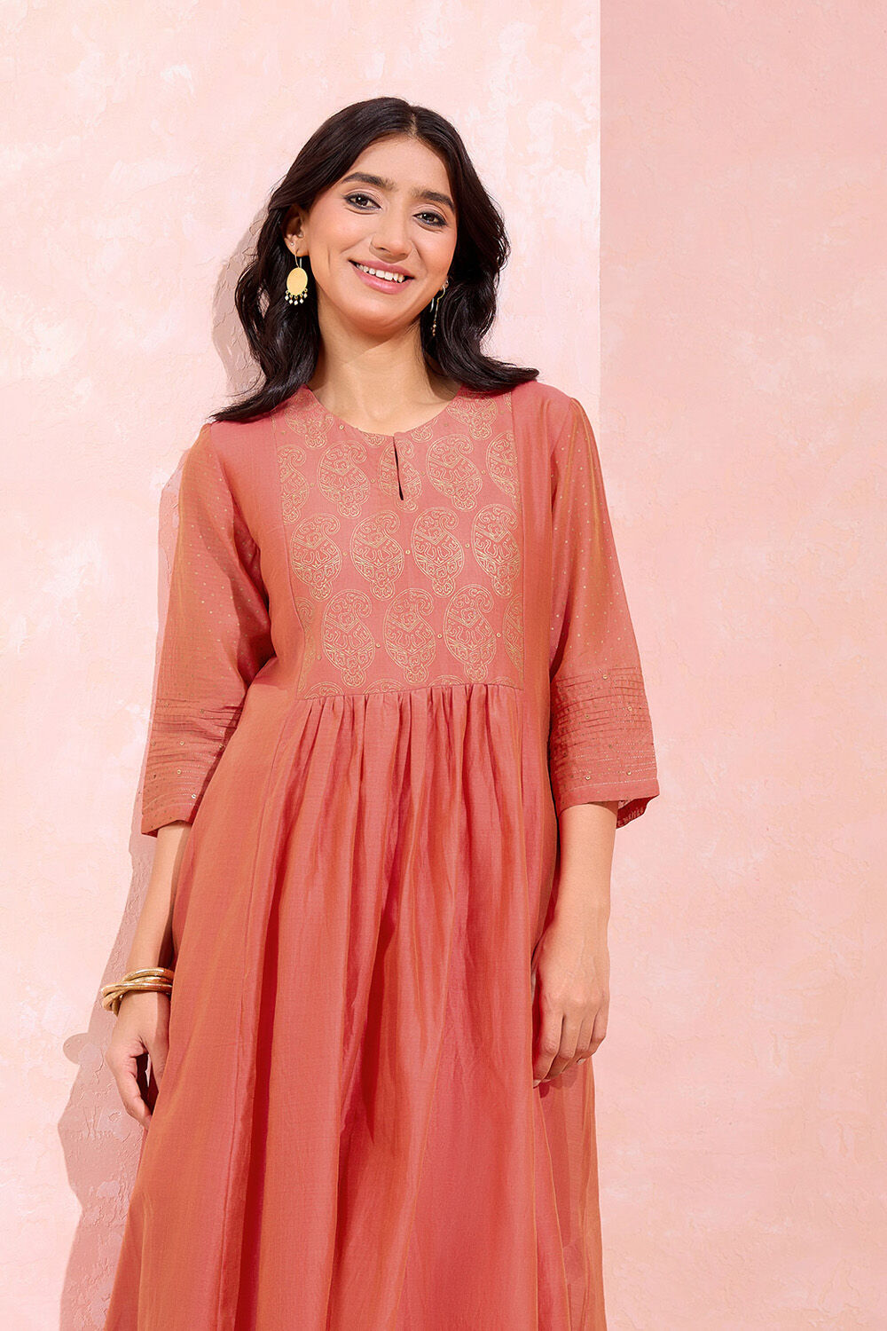 Red Block Printed Pure Silk Cotton Kurta Set image number null