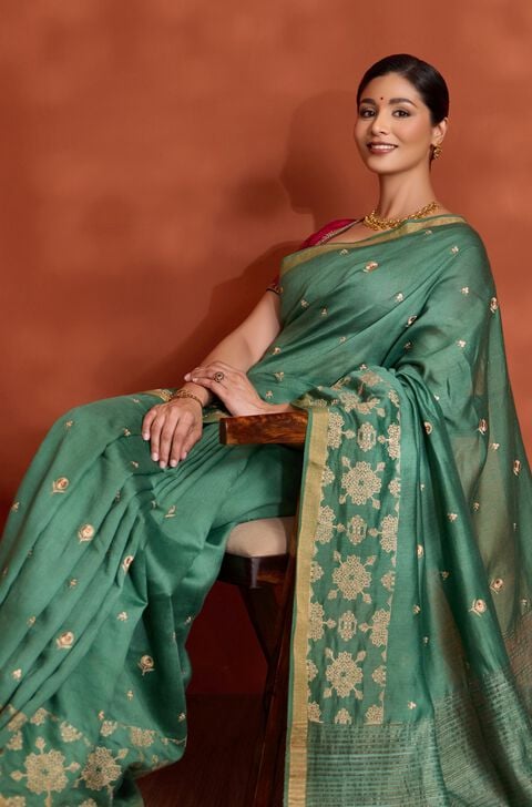 Dark Green Bengal Pure Silk Linen Embroidered Saree