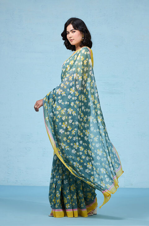 Green Rajasthan Pure Silk Cotton Printed Sanganeri Saree