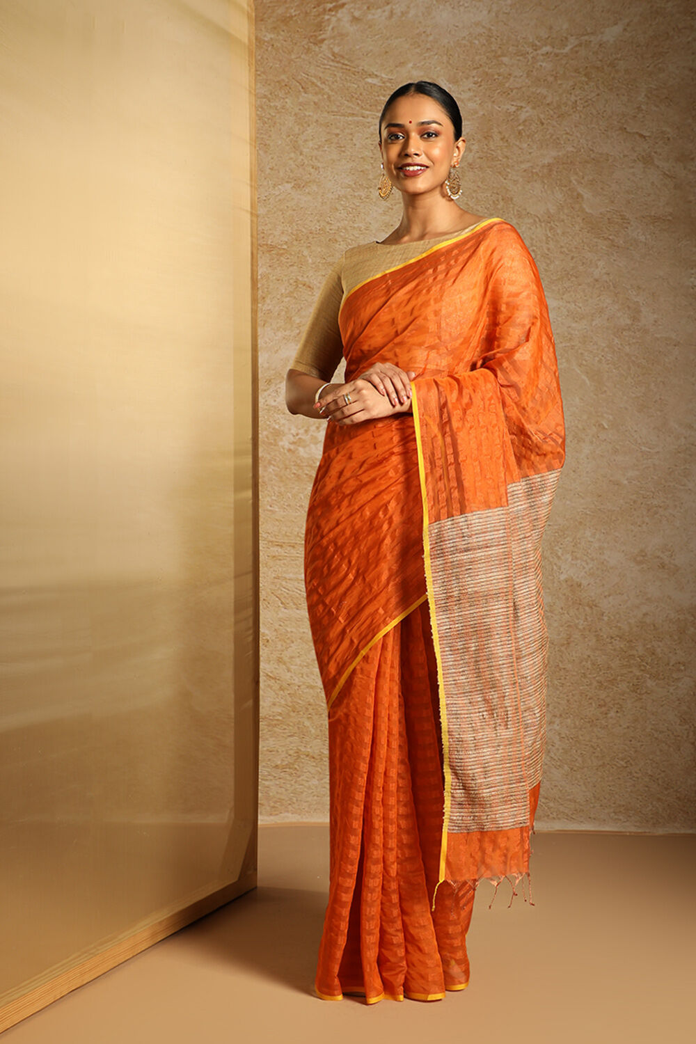 Orange Pure Silk Cotton Woven Maheshwari Saree image number null