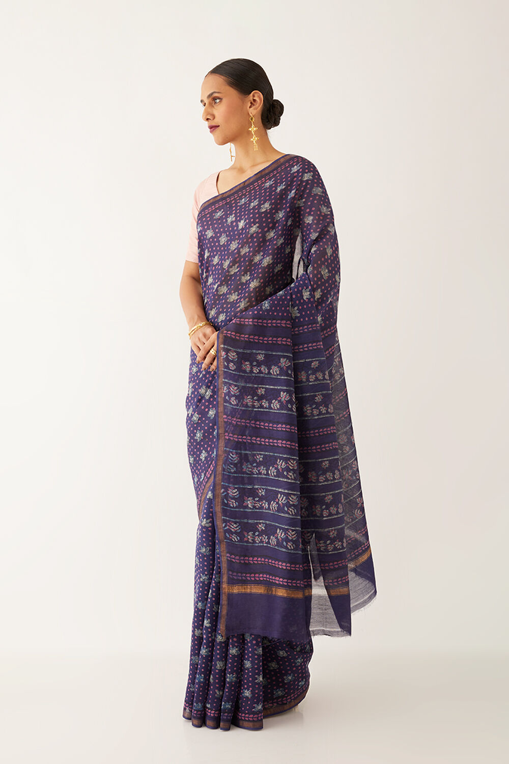 Purple Pure Silk Cotton Bagru Printed Saree image number null