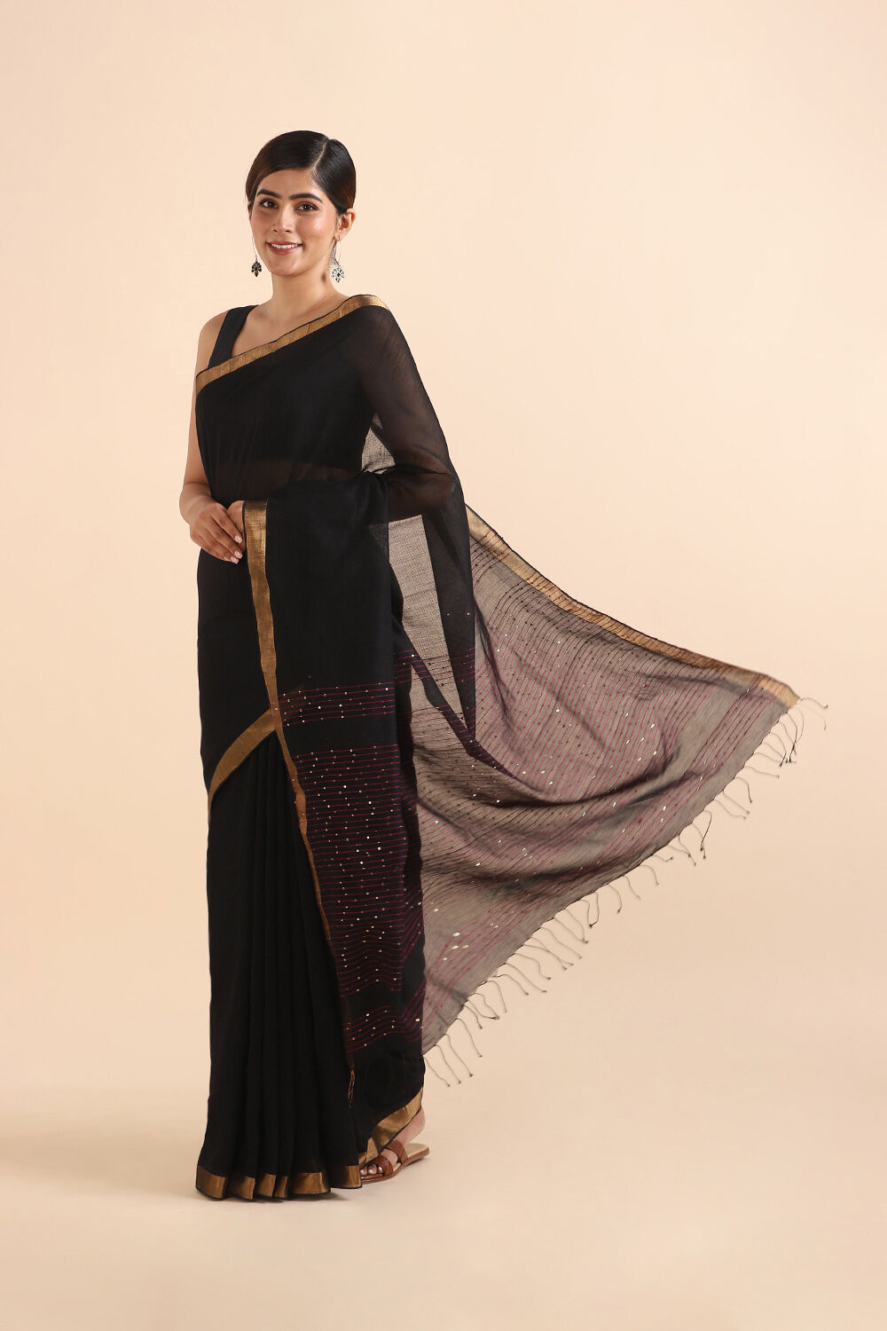 Black Pure Silk Cotton Bengal Saree image number null