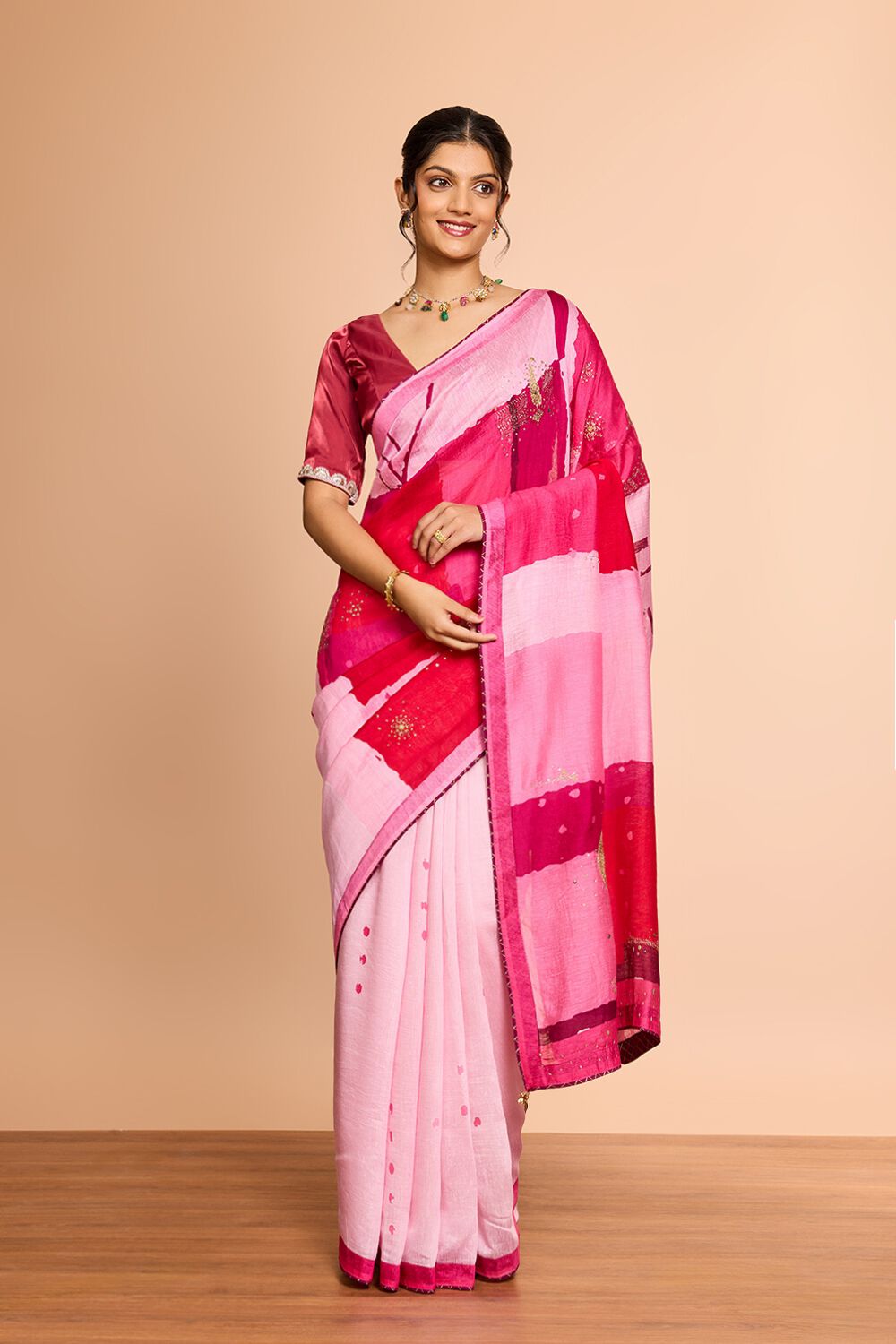 Light Pink Pure Silk Linen Printed Embroidered Saree image number null
