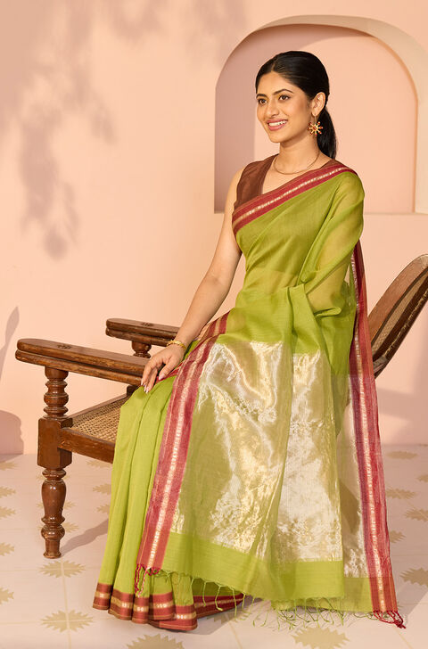 Green Woven Pure Silk Cotton Maheshwar Saree