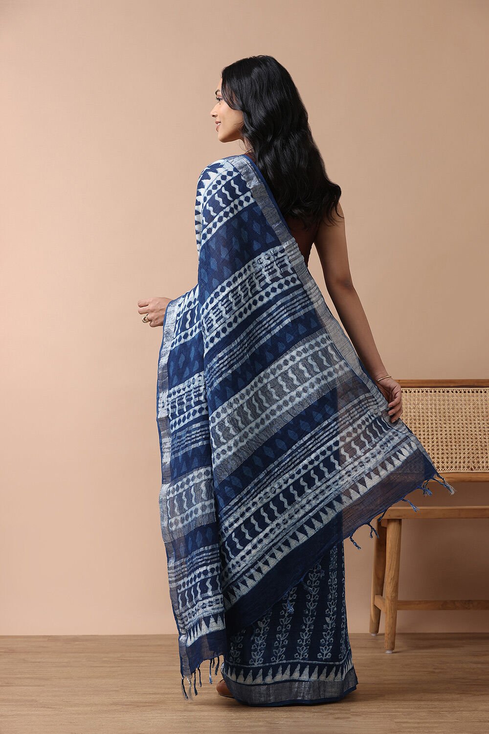 Blue Cotton Viscose Rajasthan Block Printed Saree image number null