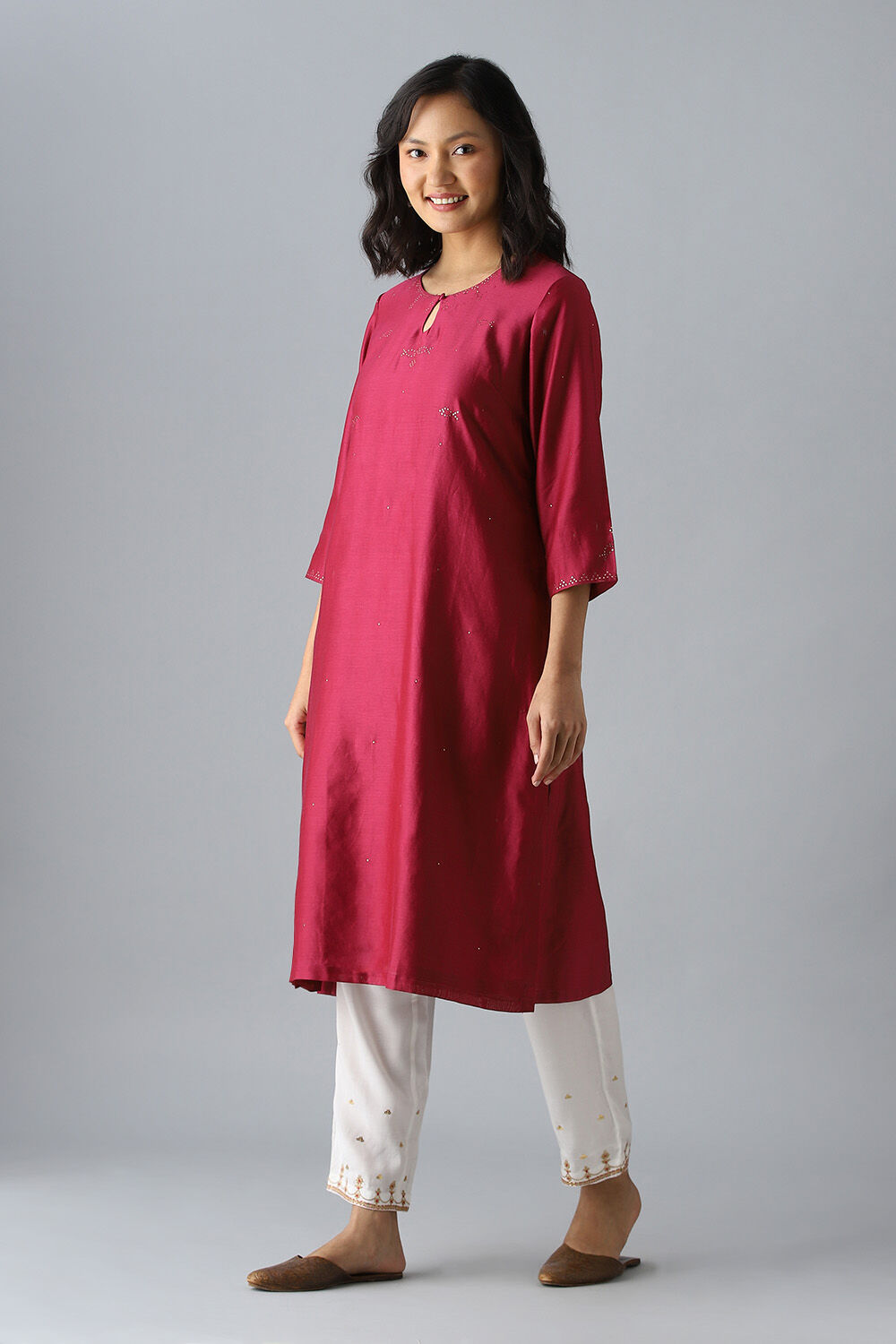 Dark Pink Embroidered Silk Cotton Kurta image number null