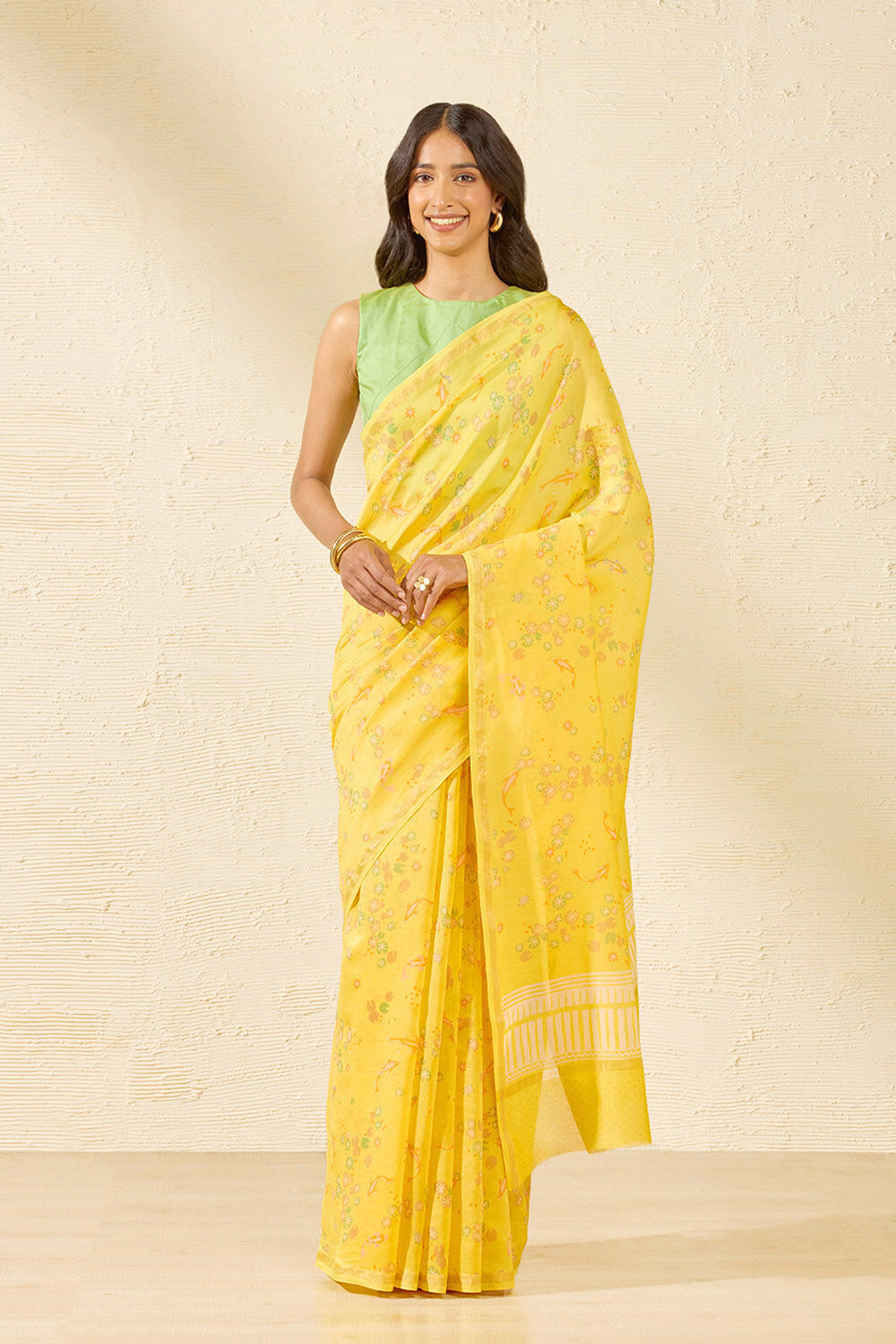 Yellow Bagru Screen Printed Pure Silk Cotton Saree image number null
