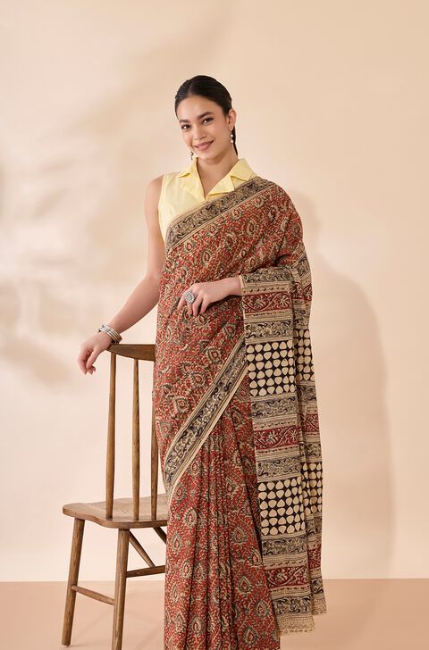 Red Printed Kalamkari Machilipatnam Pure Cotton Saree