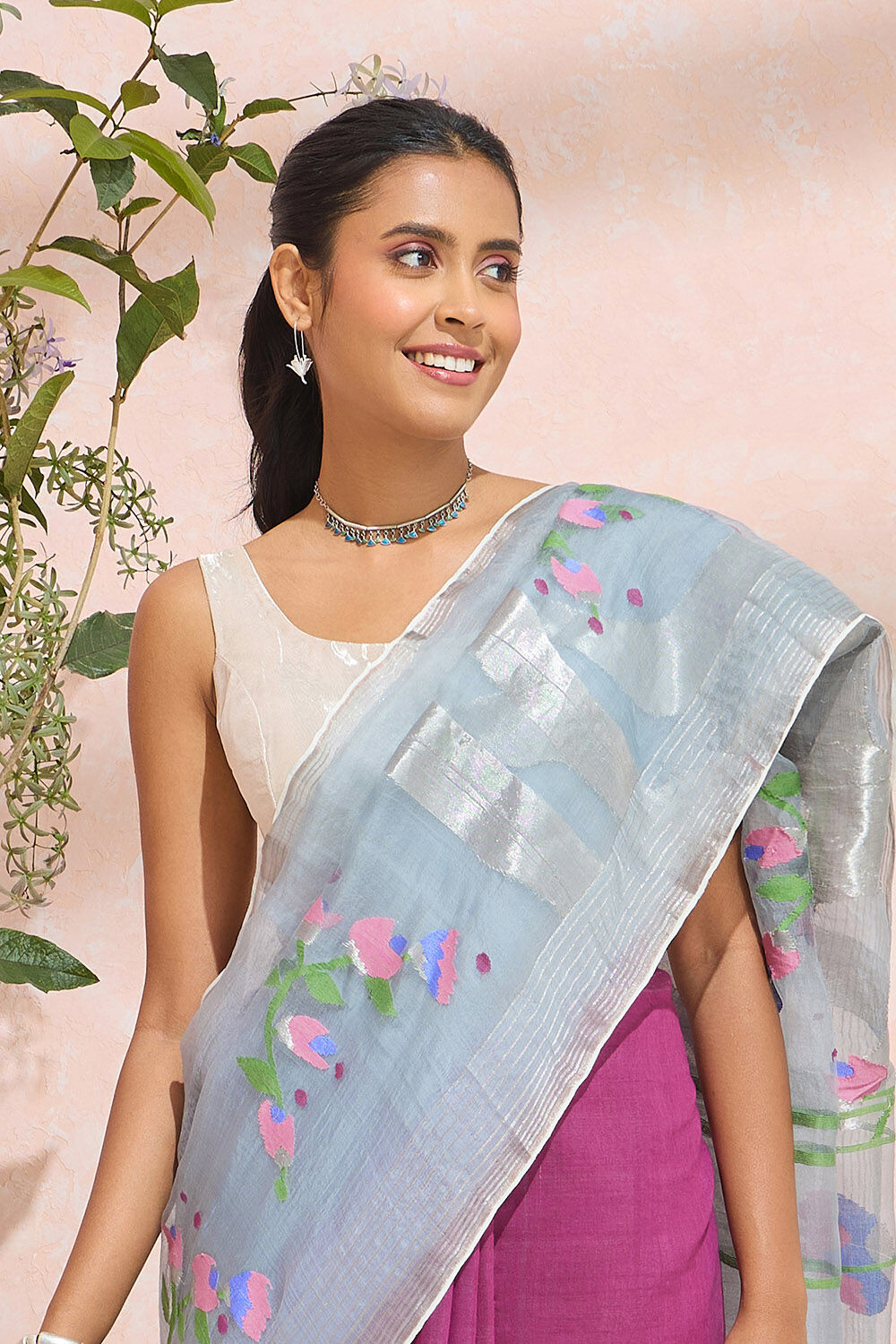 Silver Woven Pure Tissue Organza Blouse image number null
