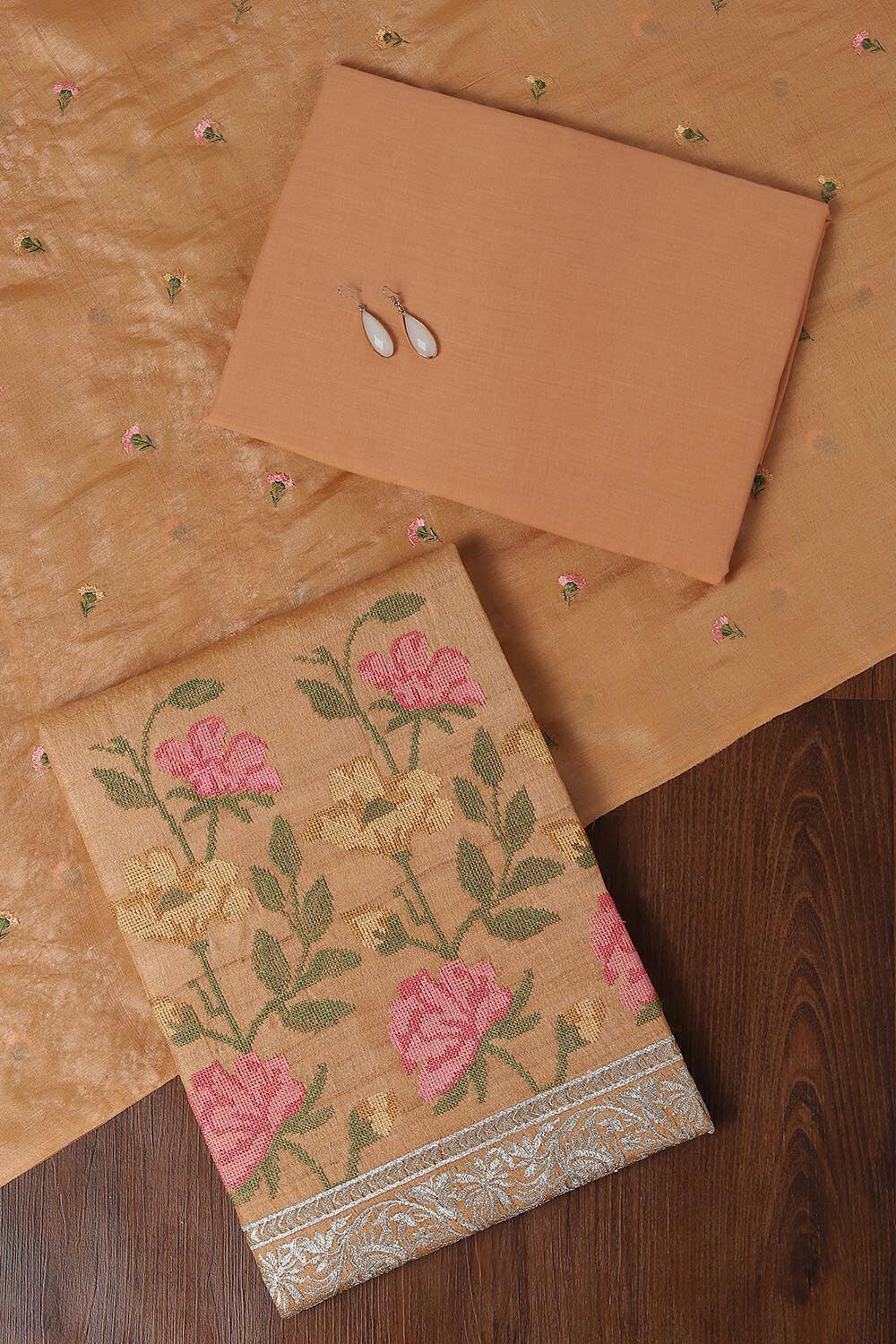 Light Orange Tussar Embroidered Unstitched Suit Set image number null