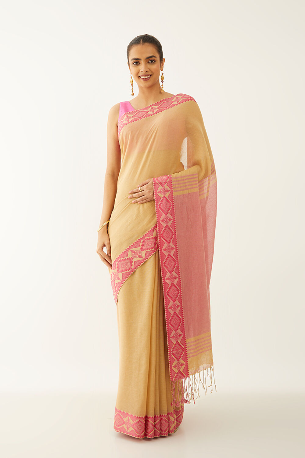 Beige Pure Cotton Woven Design Bengali Saree image number null