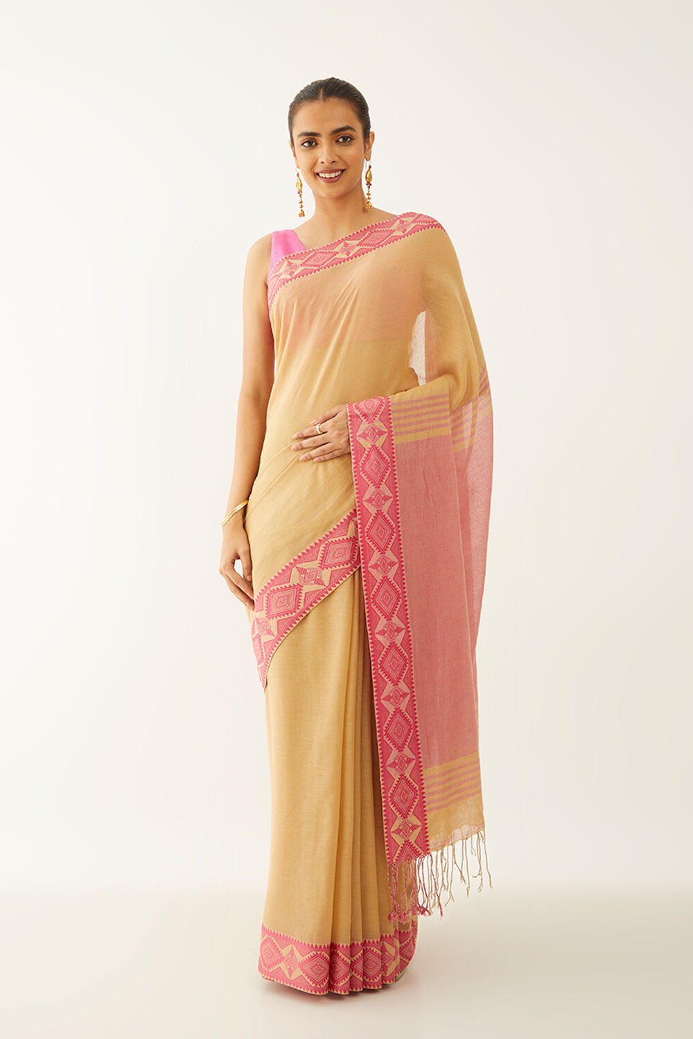 Beige Pure Cotton Woven Design Bengali Saree image number null