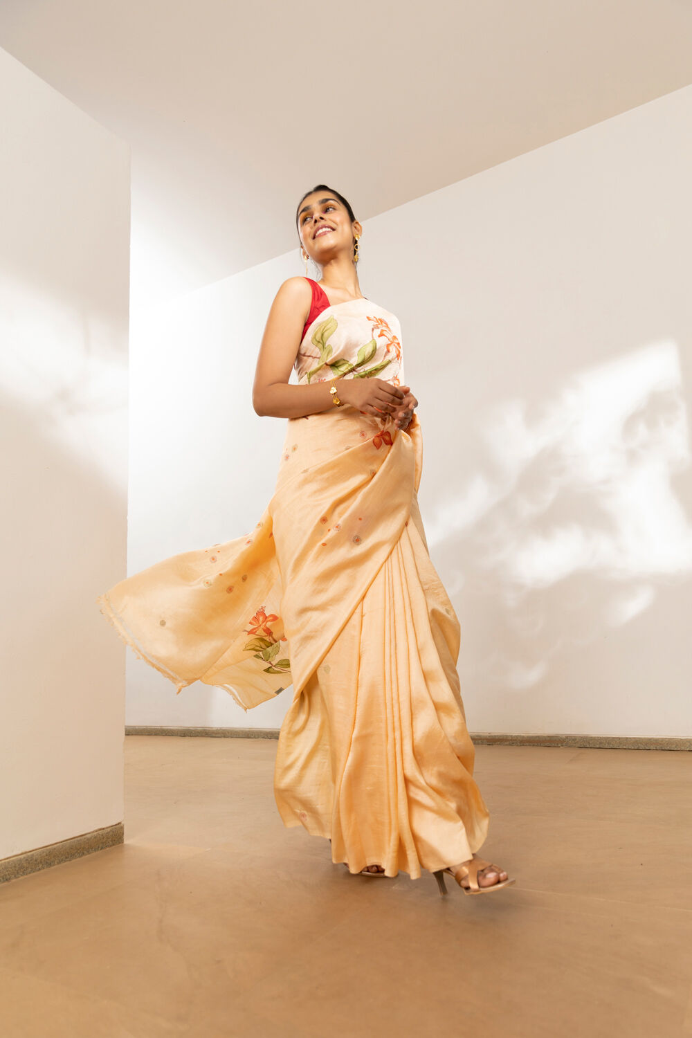 Light Yellow Pure Silk Hand Painteded Saree image number null