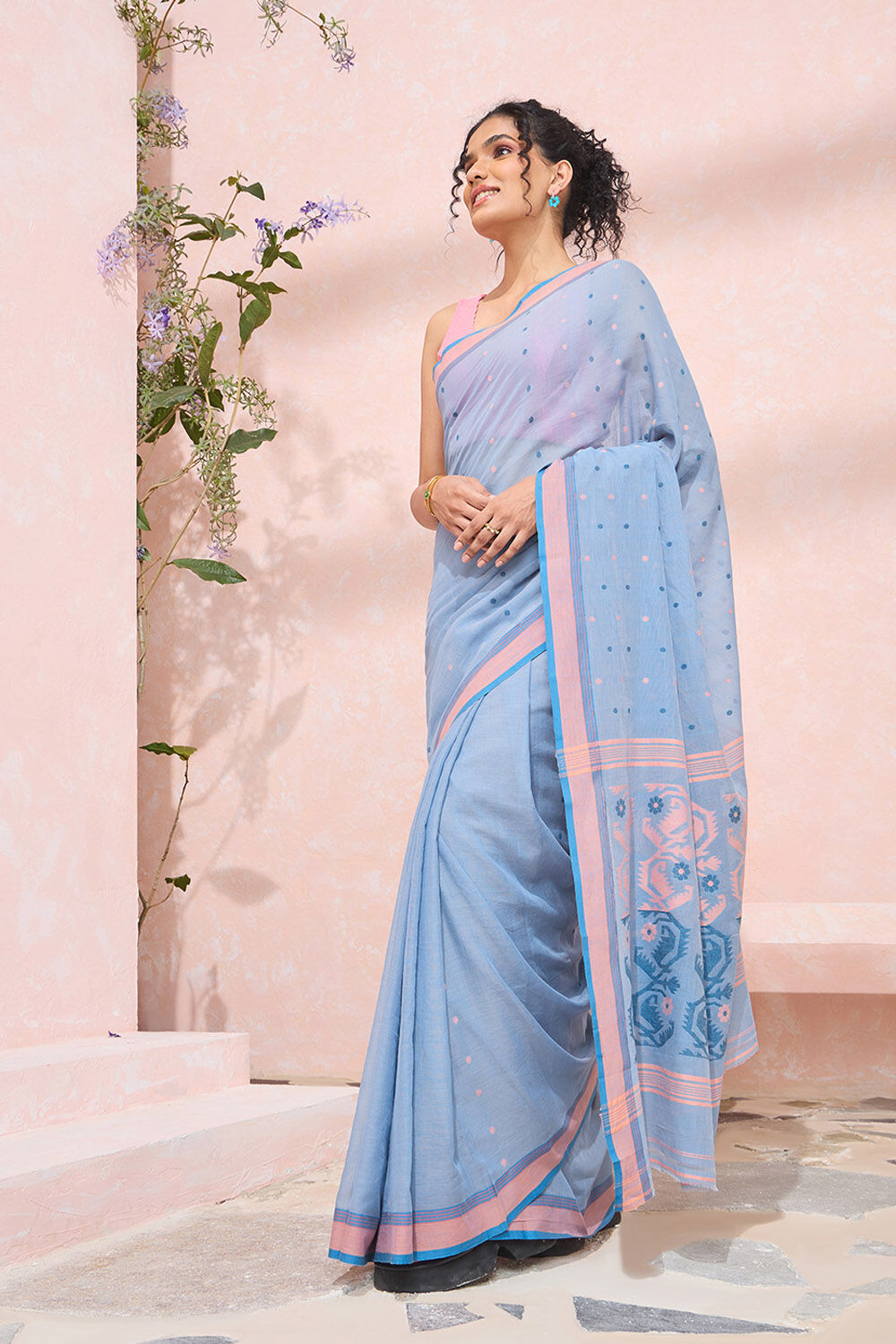 Light Blue Pure Cotton Cutwork Bengal Saree image number null
