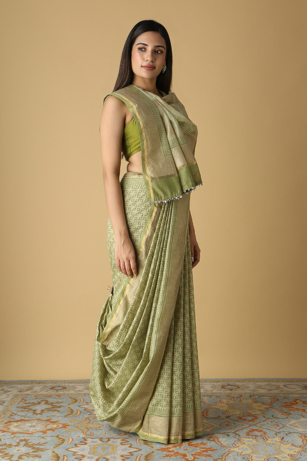 Green Silk Cotton Hand Printed Saree image number null