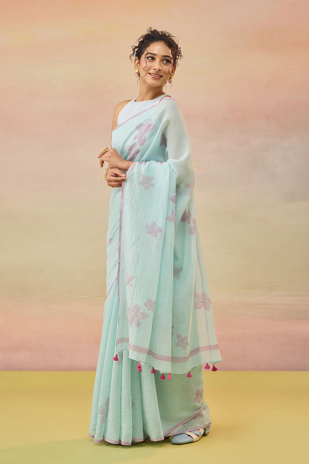 Light Blue Bengal Pure Silk Cotton Hand Painted Embroidered Saree image number null