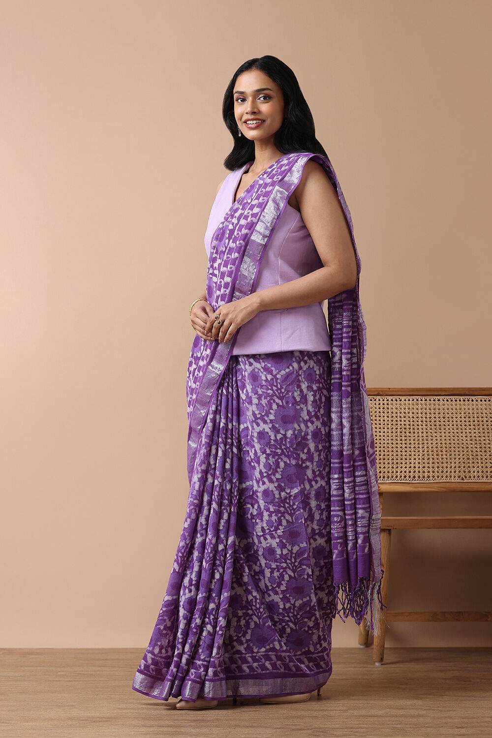 Light Violet Cotton Viscose Rajasthan Block Printed Saree image number null
