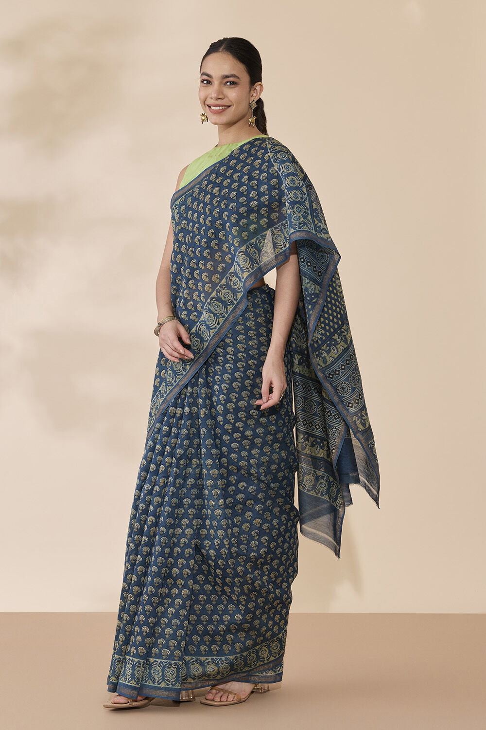 Blue Block Printed Pure Silk Cotton Chanderi Saree image number null