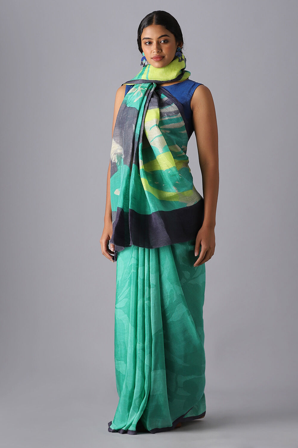 Green Pure Silk Linen Printed Saree image number null