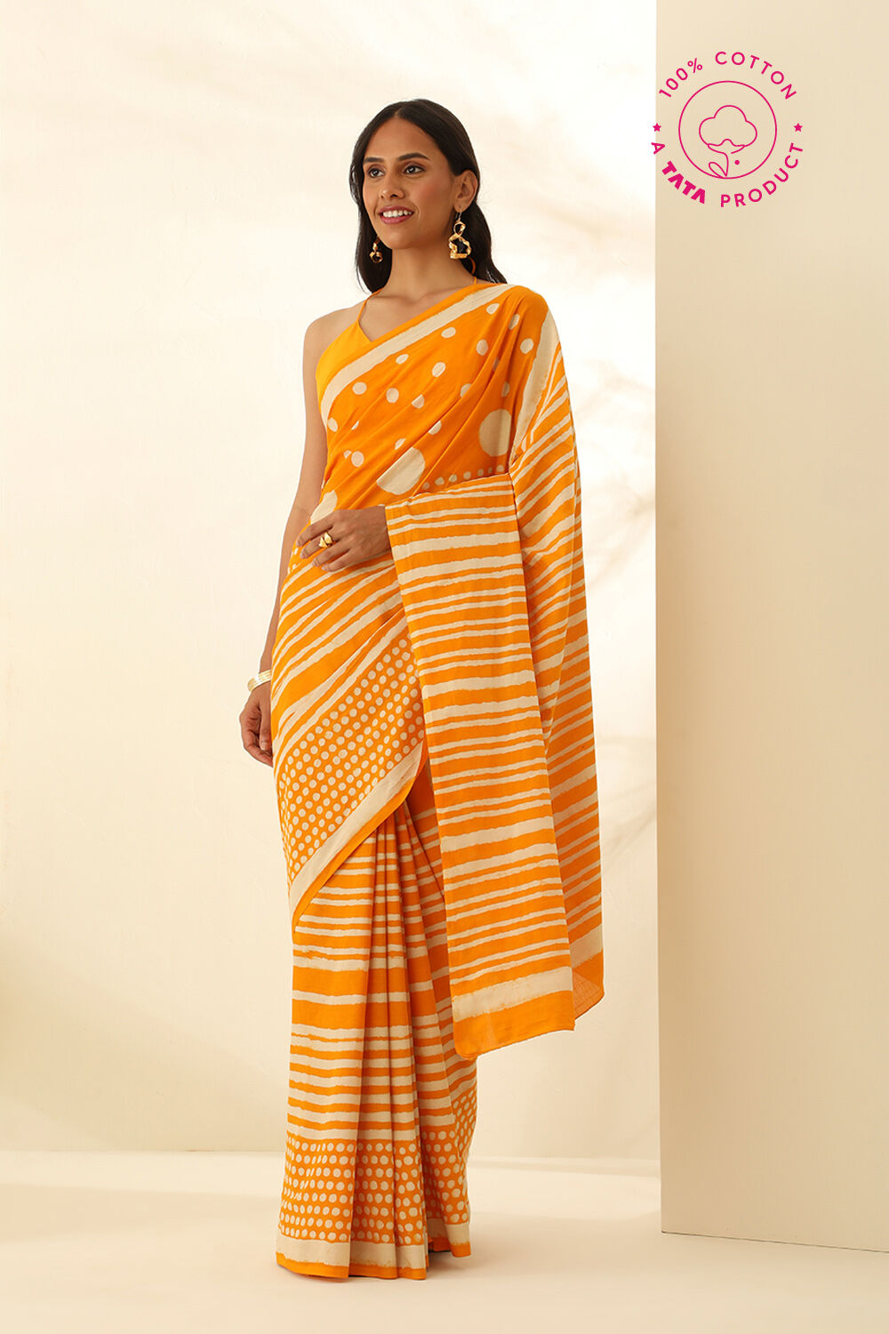 Yellow Pure Cotton Bagru Block Printed Saree image number null