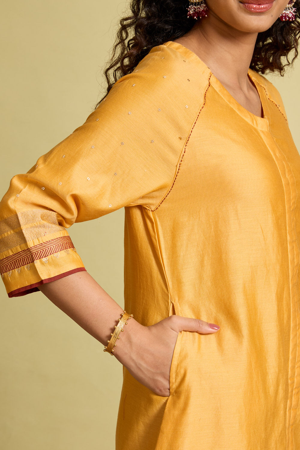 Yellow Pure Silk Cotton Embroidered Kurta image number null