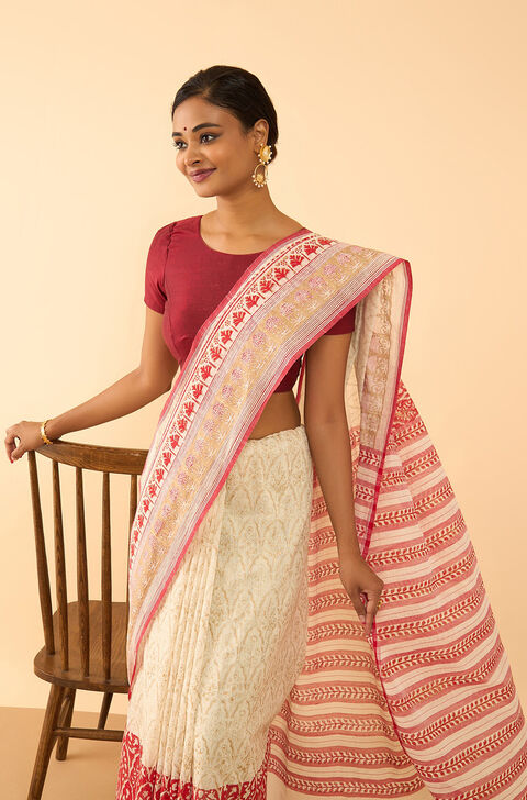 Off White Pure Cotton Block Printed Bengal Saree