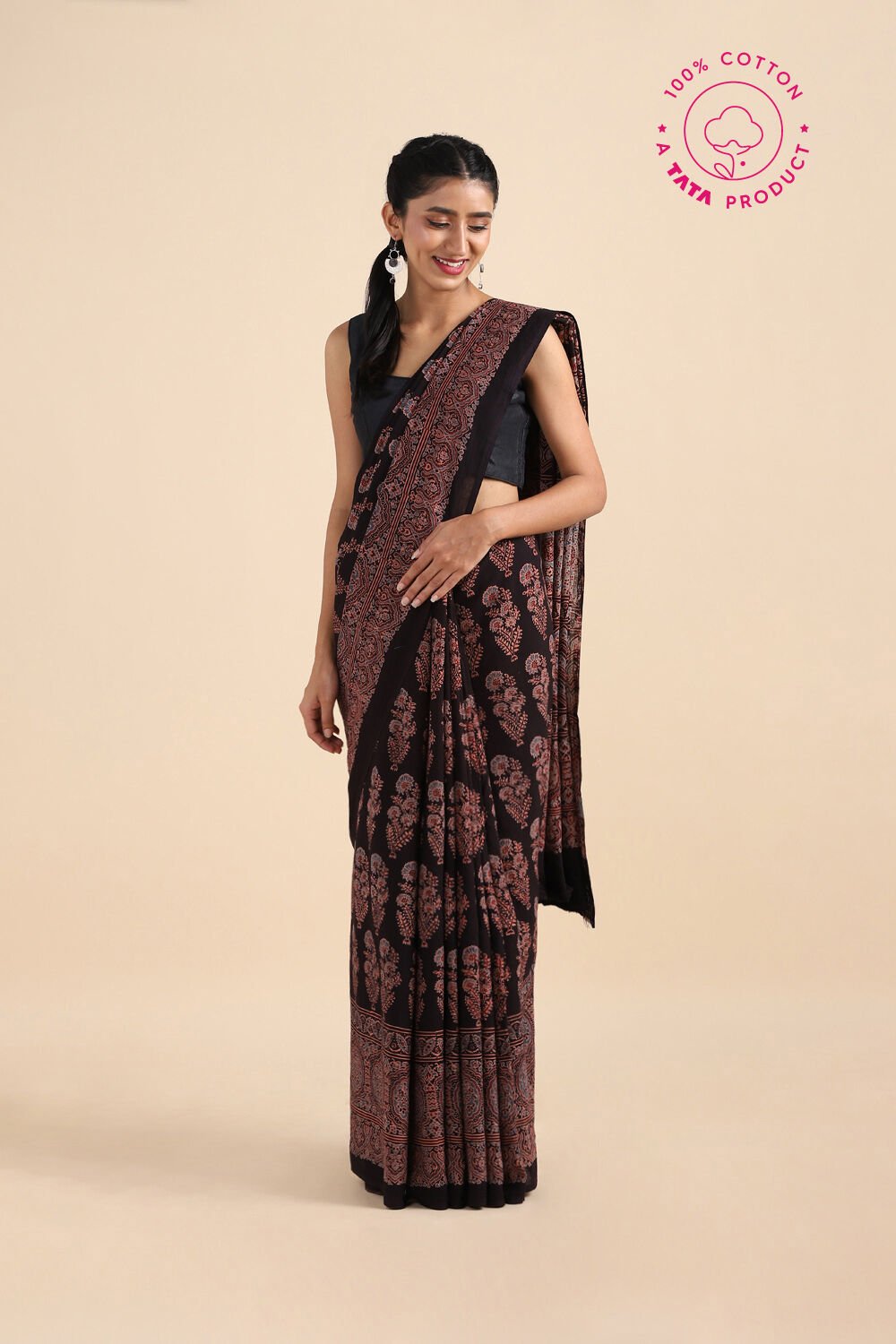 Black Pure Cotton Ajrakh Printed Saree image number null