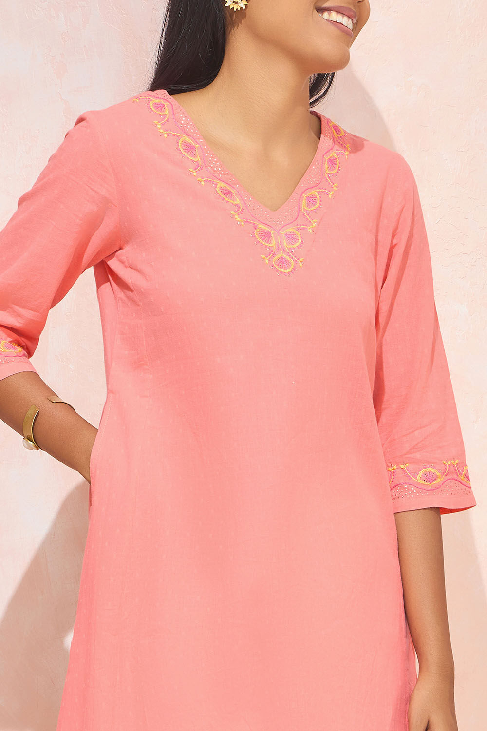 Light Orange Pure Cotton Chikankari Kurta image number null