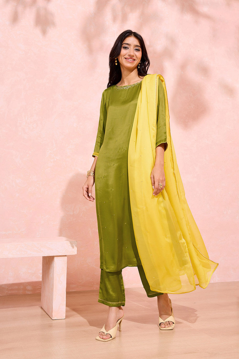 Green Viscose Embroidered Kurta Set image number null