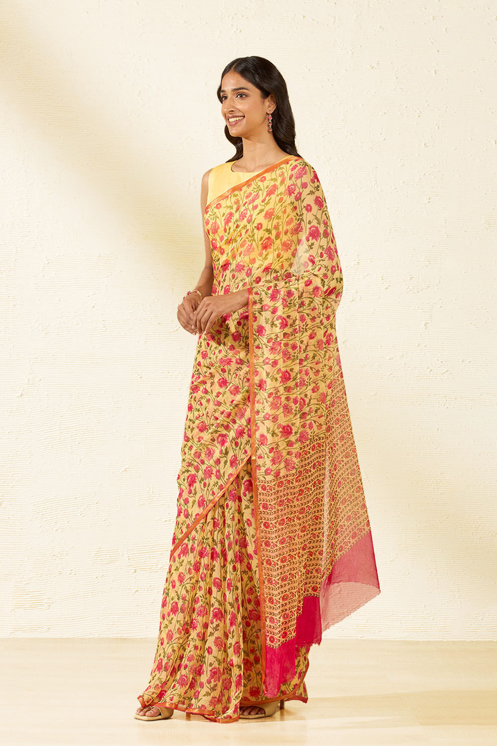 Yellow Screen Printed Viscose Chiffon Saree image number null