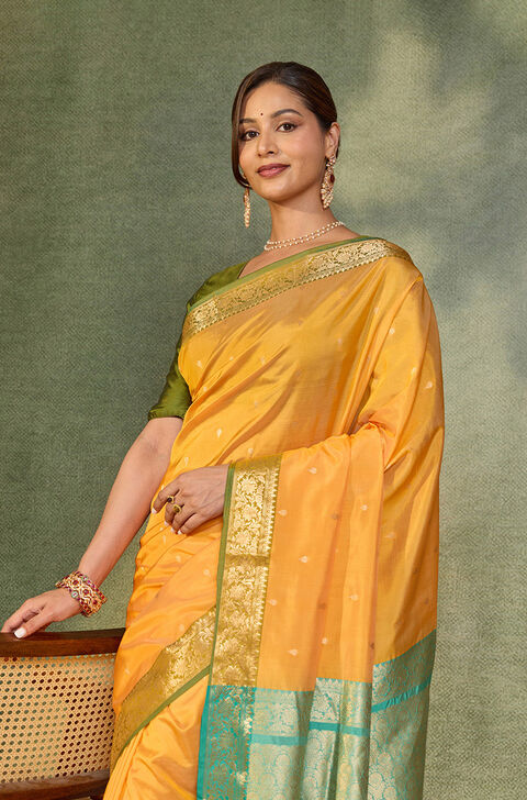 Light Yellow Silk Viscose Cutwork Banaras  Saree