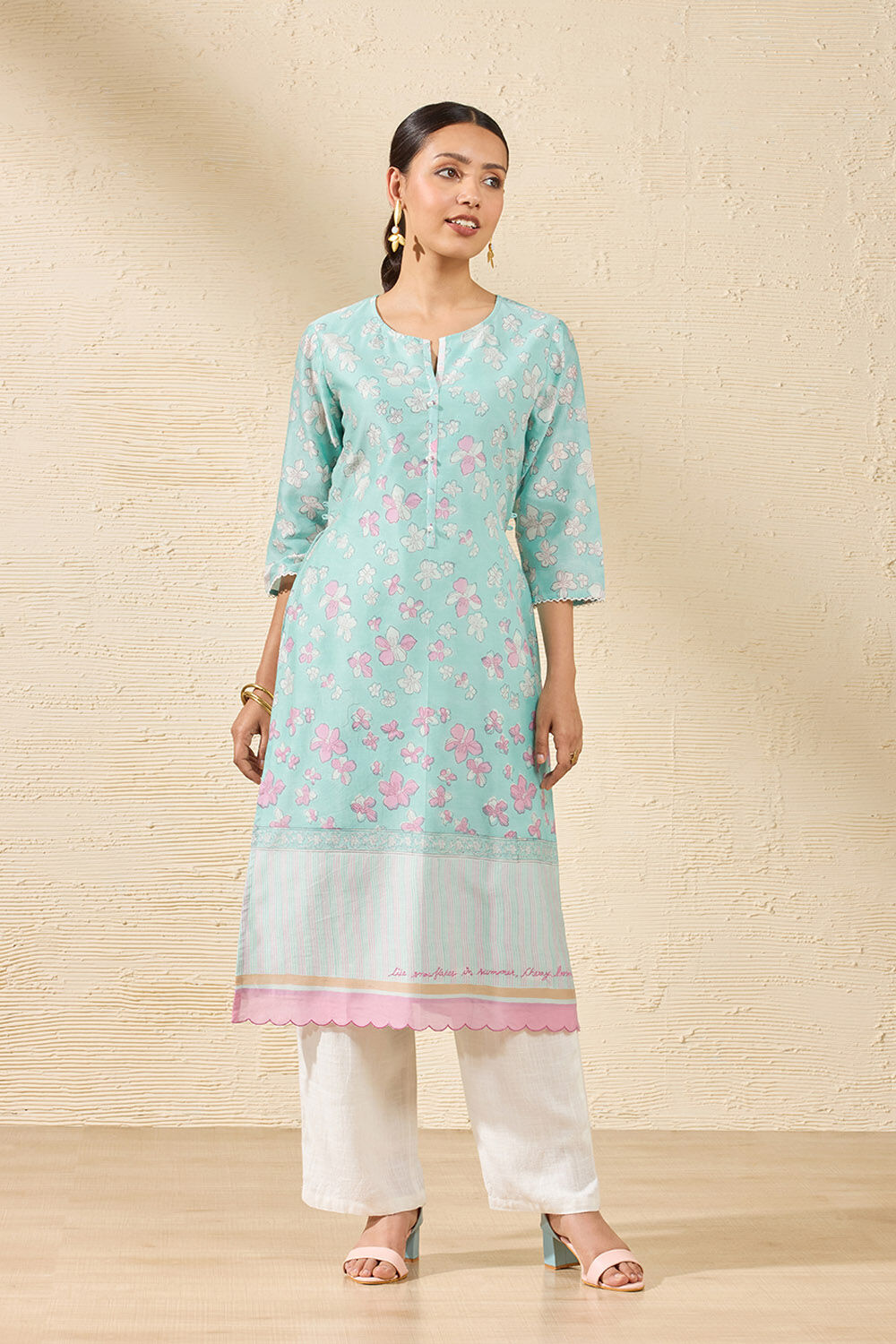 Light Blue Pure Silk Cotton Printed Sanganeri Kurta image number null