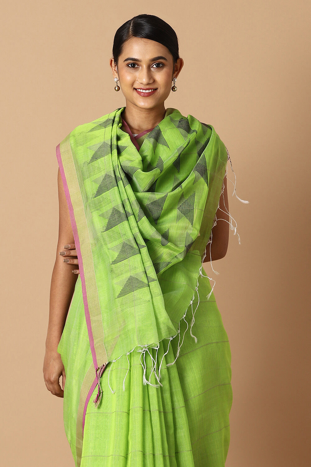 Light Green Pure Silk Cotton Bengal Saree image number null
