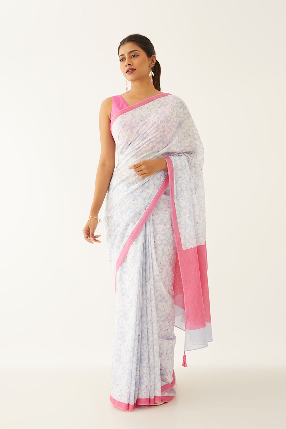 Blue Pure Cotton Mulmul Printed Saree image number null
