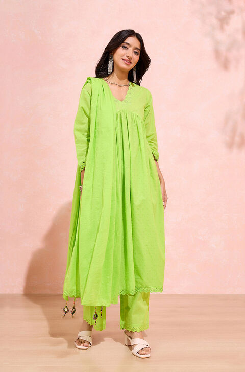 Green Pure Cotton Embroidered Kurta Set