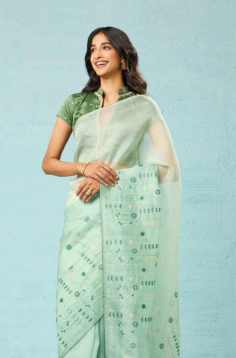 Buy Pista Green Saree In Organza With Hand Embroidered Floral