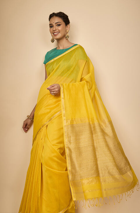 Yellow Woven Pure Silk Cotton Maheshwari Saree