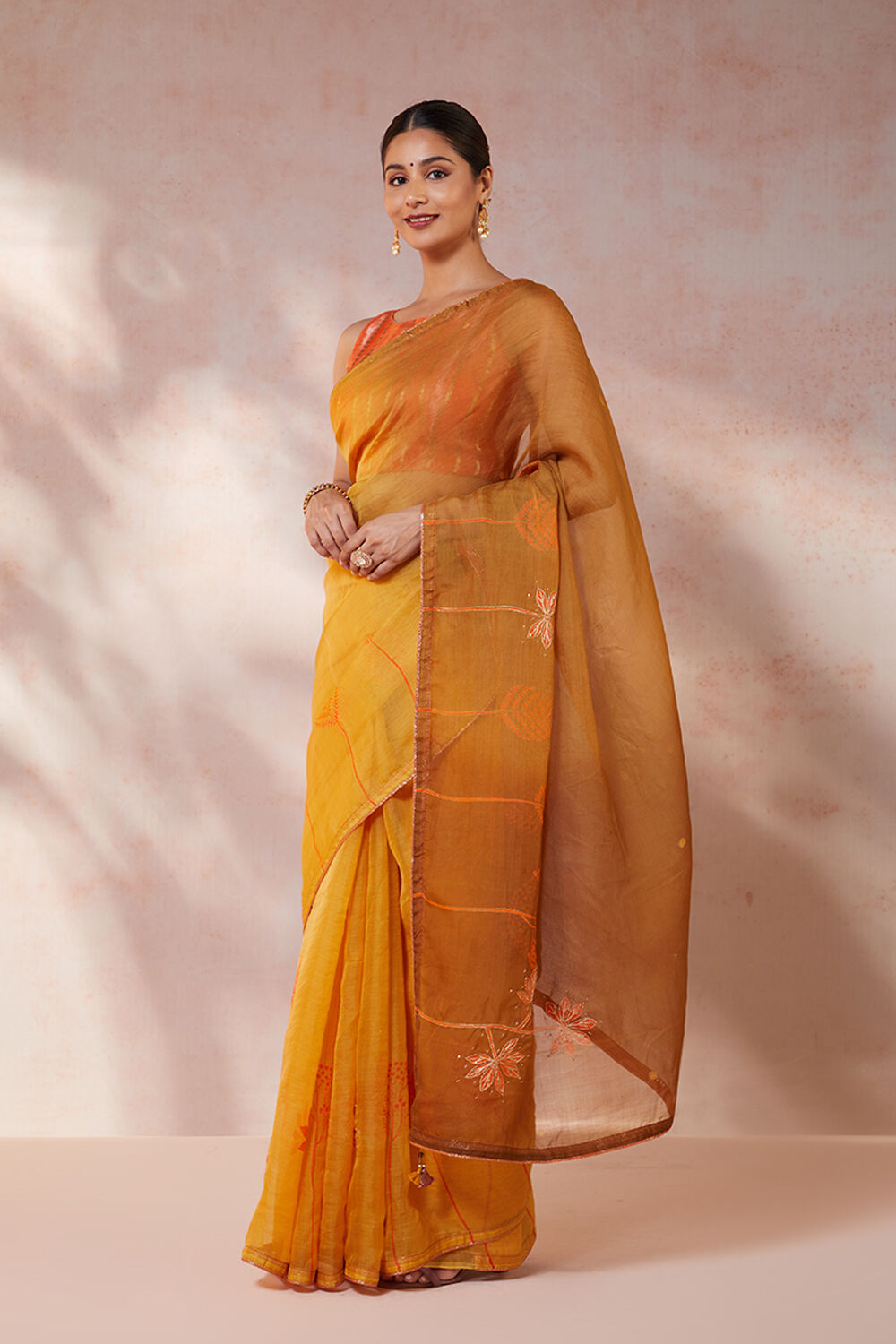 Yellow Pure Silk Organza Hand Painted Saree image number null