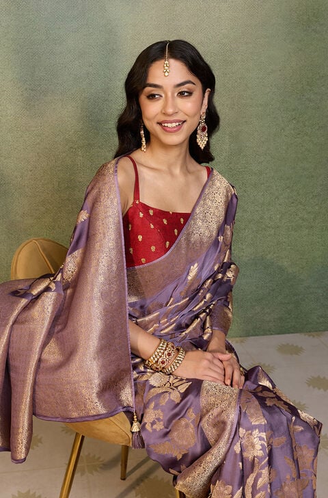 Light Violet Woven Viscose Satin Saree