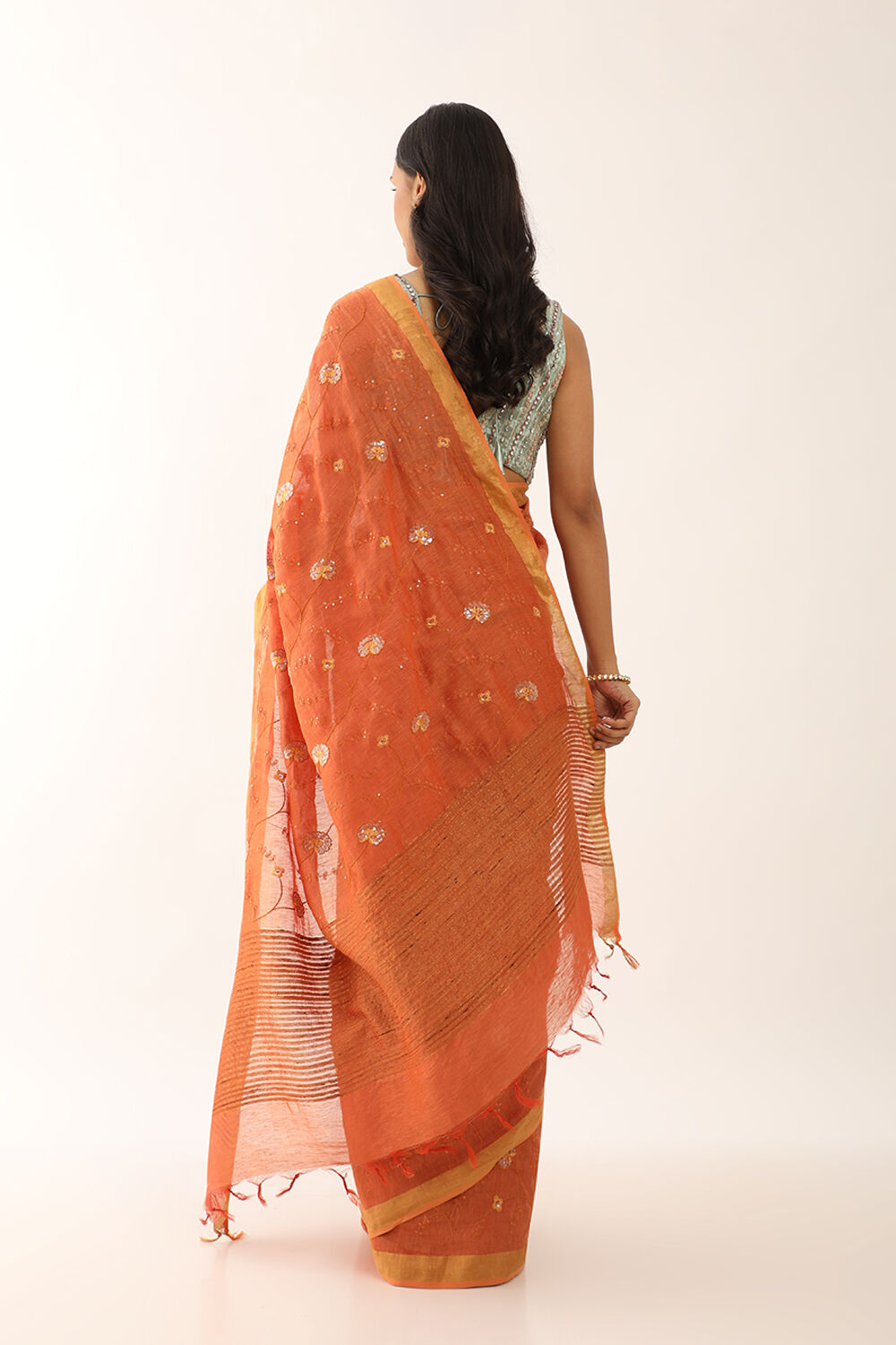 Orange Bhagalpur Pure Silk Linen Embroidered Saree image number null