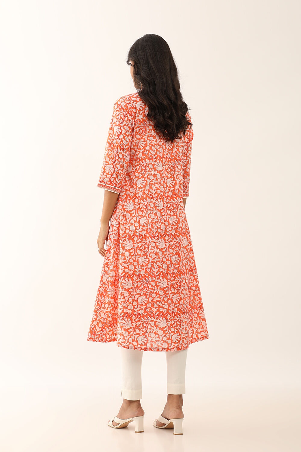 Orange Pure Cotton Block Printed Kurta with Embroidery image number null